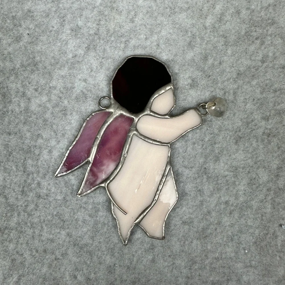 Vtg Stained Glass Angel Suncatcher Pink Wings Crystal Heart Charm Ornament 4